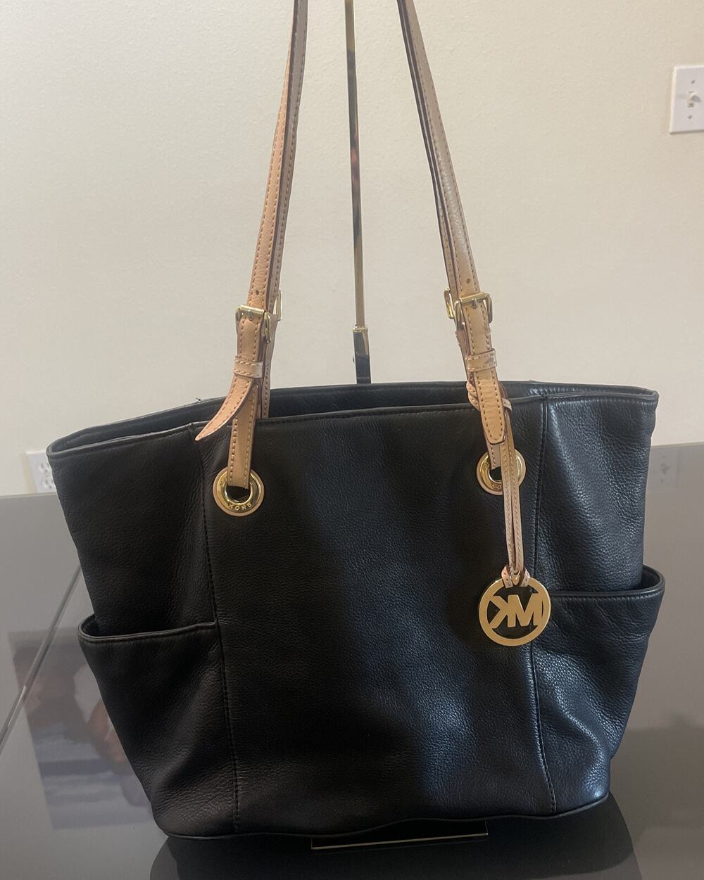 MICHAEL KORS Jet Set Black Pebbled Leather Tote Large Shoulder Handbag